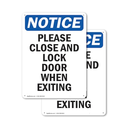 Signmission Exit Sign, Aluminum, 10 in W, 14 in H, Please Close And Lock Door When Exiting OS-2PACK-NS-A-1014-V-17352